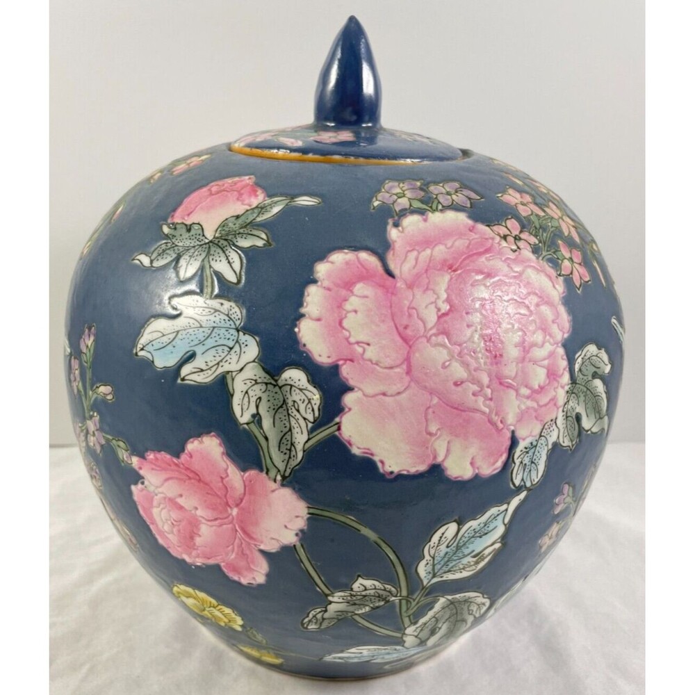 Blue Floral Ginger Jar Pink Flowers Lid 10" Floral Macau China 10" Hand Painted